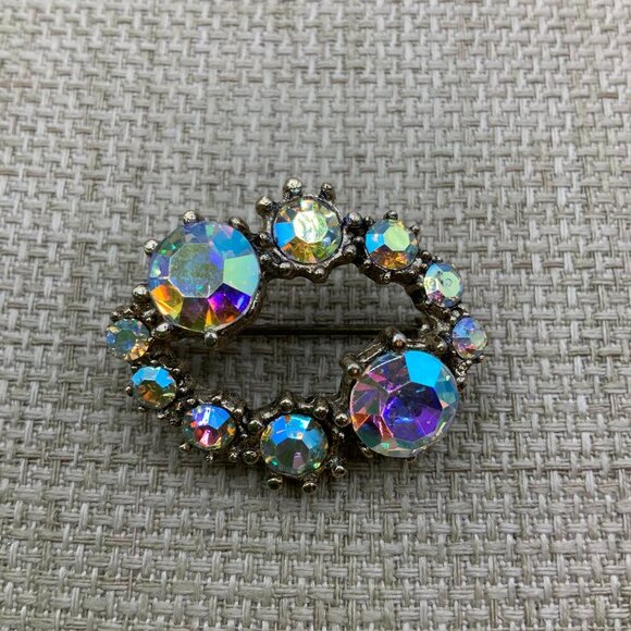 Aurora Borealis Iridescent Vintage Oval Silver Tone Brooch Pin - Picture 1 of 7